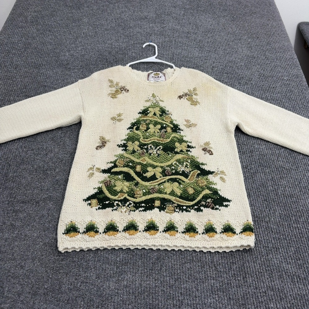 Vintage Tiara Petites Sweater Womens PM Cream Ramie Cotton Christmas Tree Style